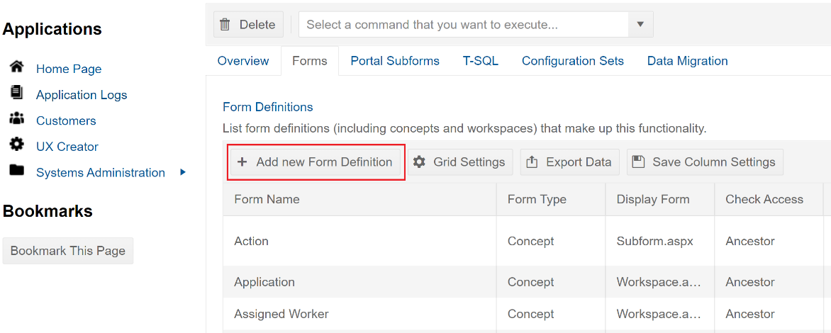 Create a new Form Definition in the functionality that will be used as a template for the newly created Portal
