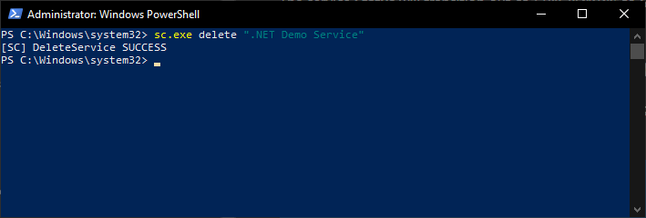 Deleting the service in the PowerShell (DeleteService SUCCESS)