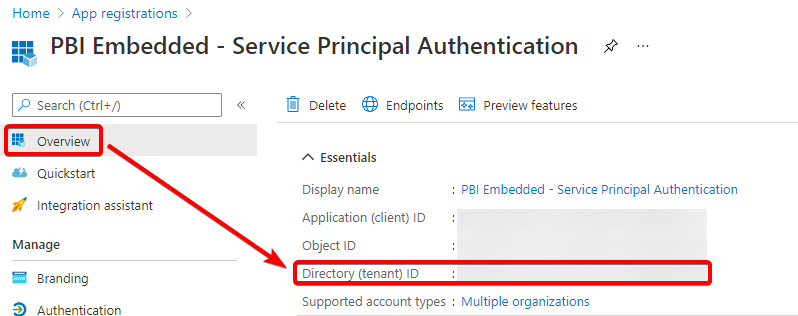 On the Overview page, record the Directory (tenant) ID