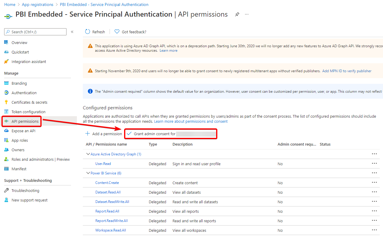 Screenshot showing "Grant admin consent" option