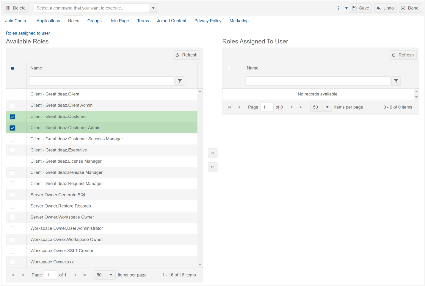 Select the roles to automatically assign to new users who joined using the current invite (in this case, GreatIdeaz Customer and GreatIdeaz Customer Admin)