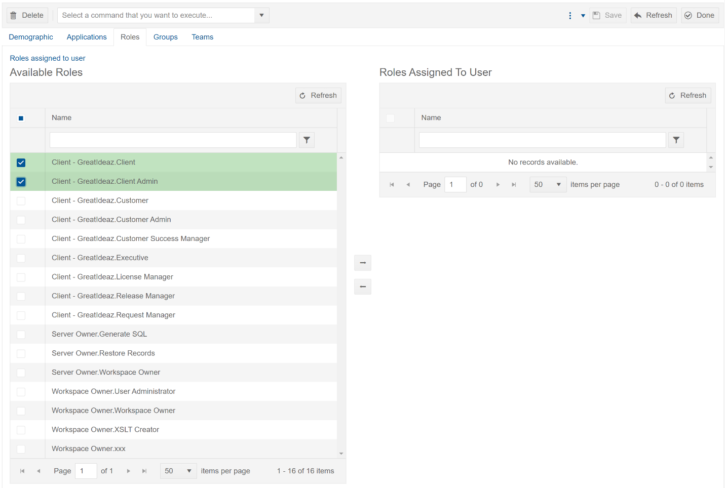 Select the roles you want to add (in this case, GreaiIdeaz Client and GreatIdeaz Client Admin roles)