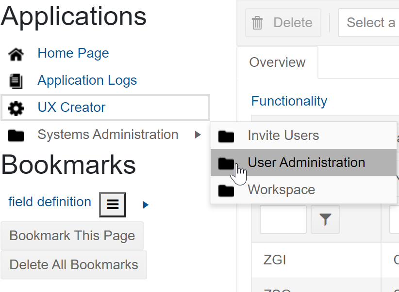 Under the Applications menu, select "UX Creator" then click on "User Administration"