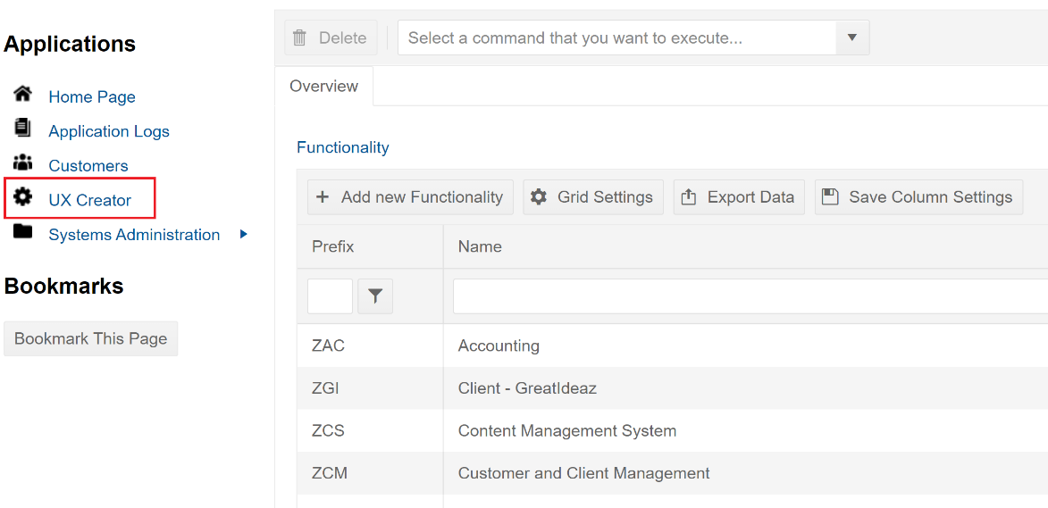 Under the Applications menu, select "UX Creator" then the functionality that the user portal should be integrated with