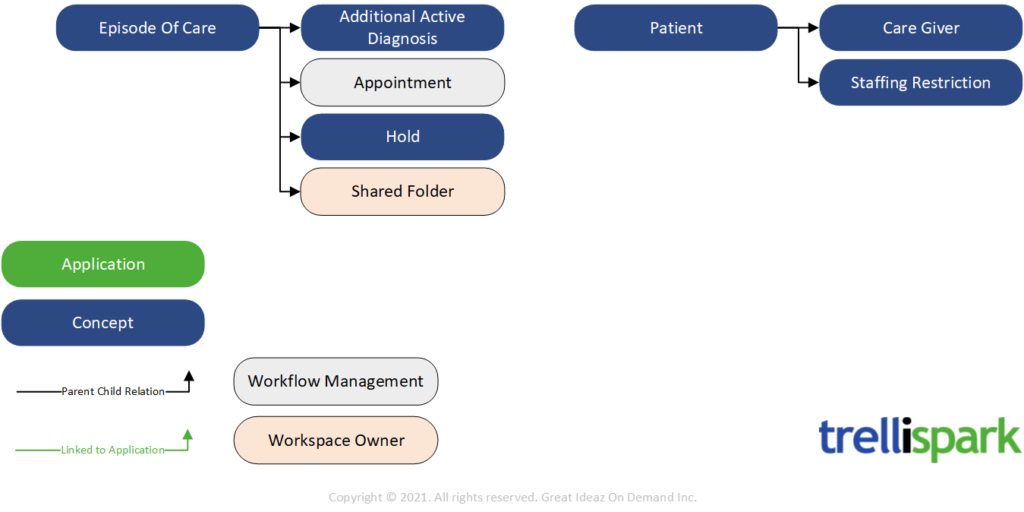 Diagram showing the relationships between concepts in the Patient Records functionality.