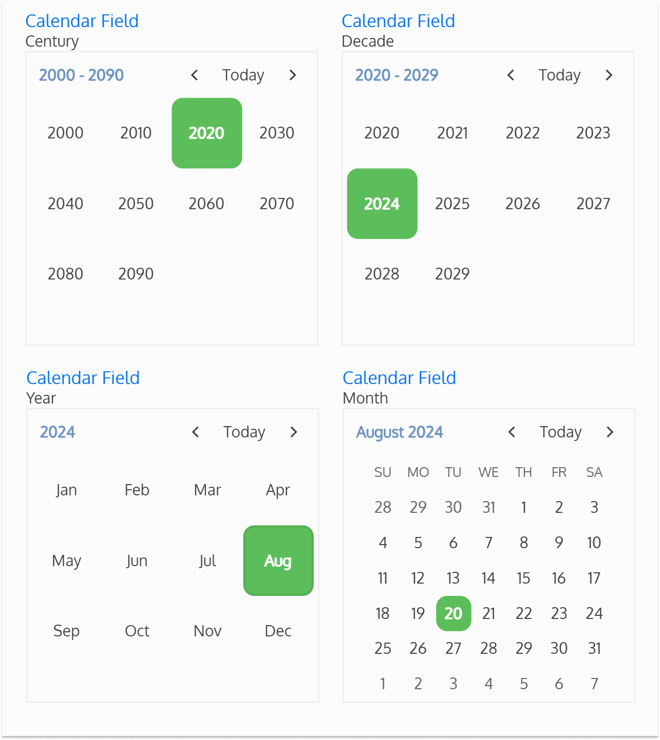 Screenshots of the different calendar view levels