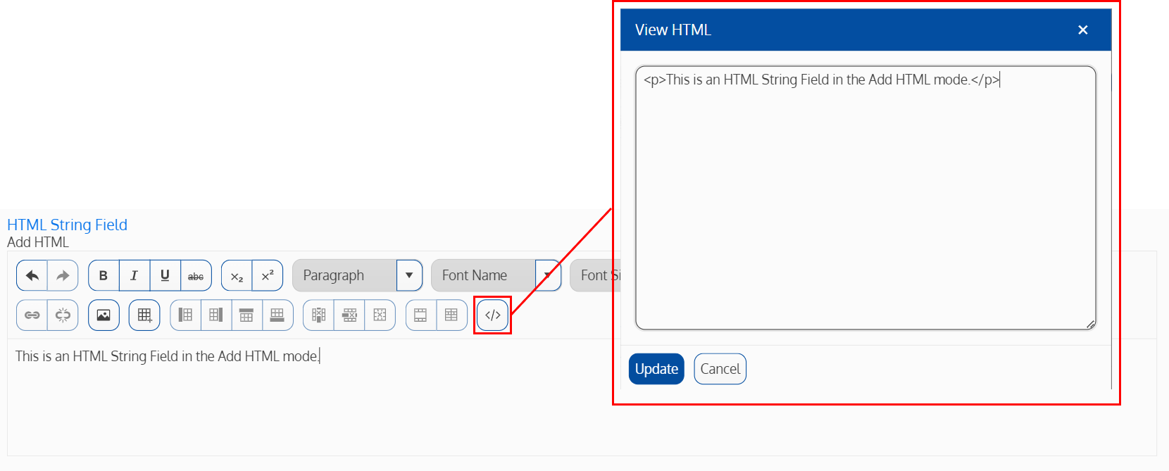 Screenshot of an html string field in add html mode