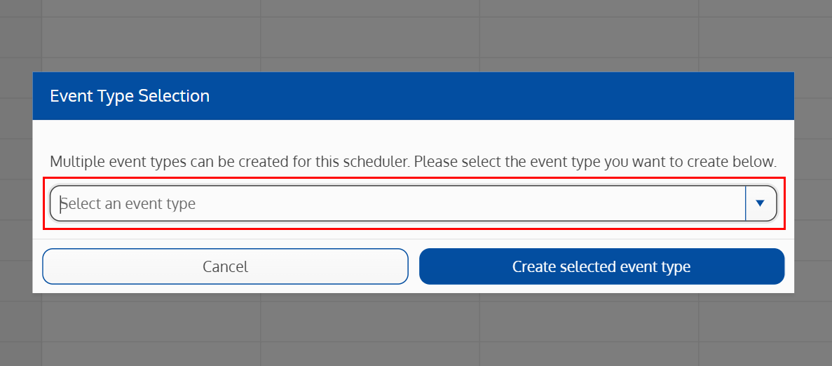 Screenshot of the event type selection window on a scheduler field