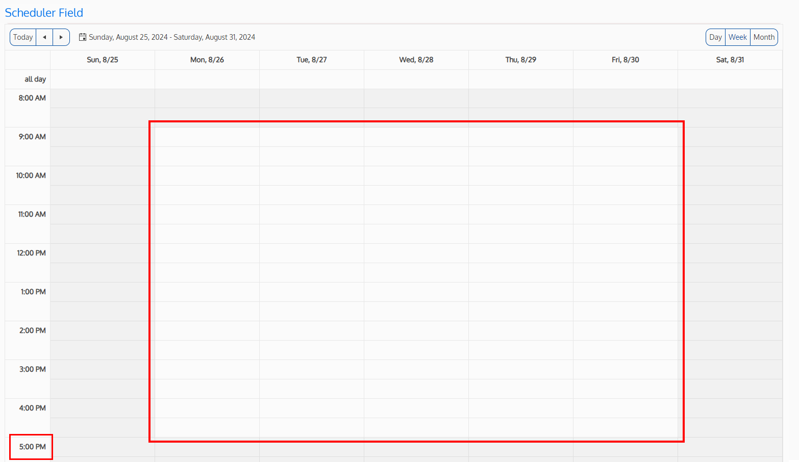 Screenshot of a scheduler field with business hours ending at 5pm