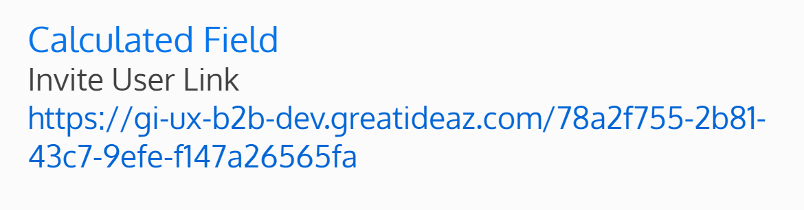 Screenshot of the invite user link calculated field