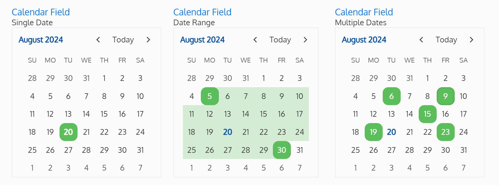 Screenshot of the three types of calendar fields (single date, date range, and multiple dates)