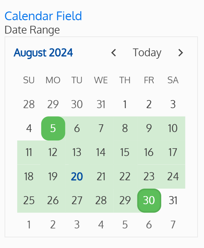 Screenshot of the date range calendar field