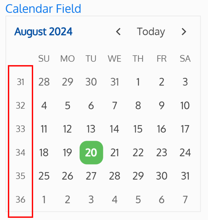 Screenshot of a calendar with week numbers