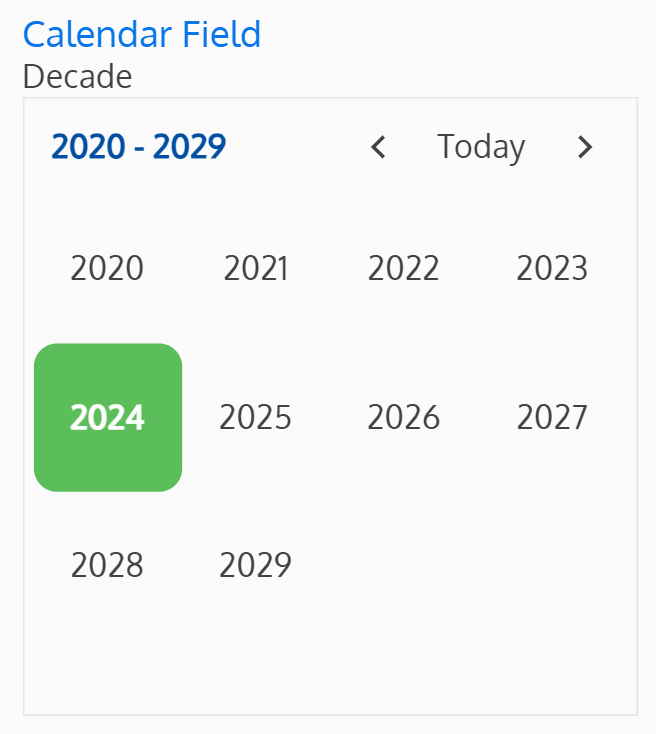 Screenshot of the calendar field with a bottom view level set to decade