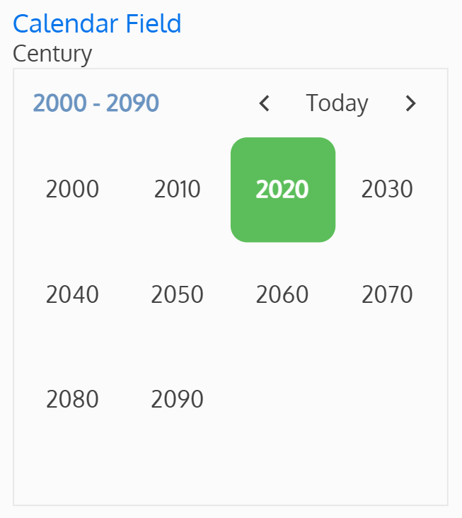 Screenshot of the calendar field with a bottom view level set to century