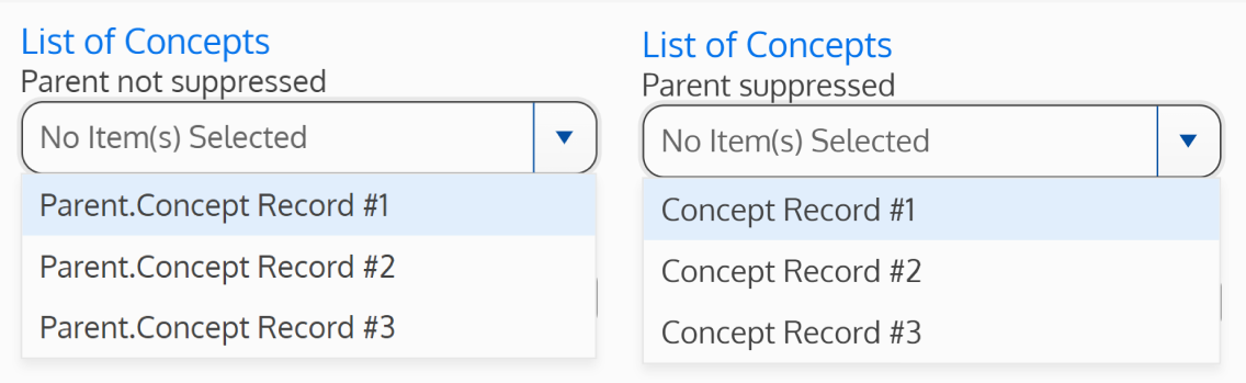 Screenshots of two lists of concepts where the parent is suppressed in one, but not in the other