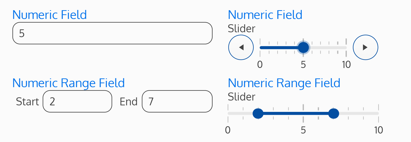 Screenshot of a numeric and numeric range field, and a numeric and numeric range slider field