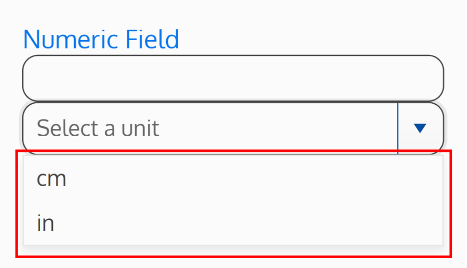 Screenshot of the available units on a numeric field