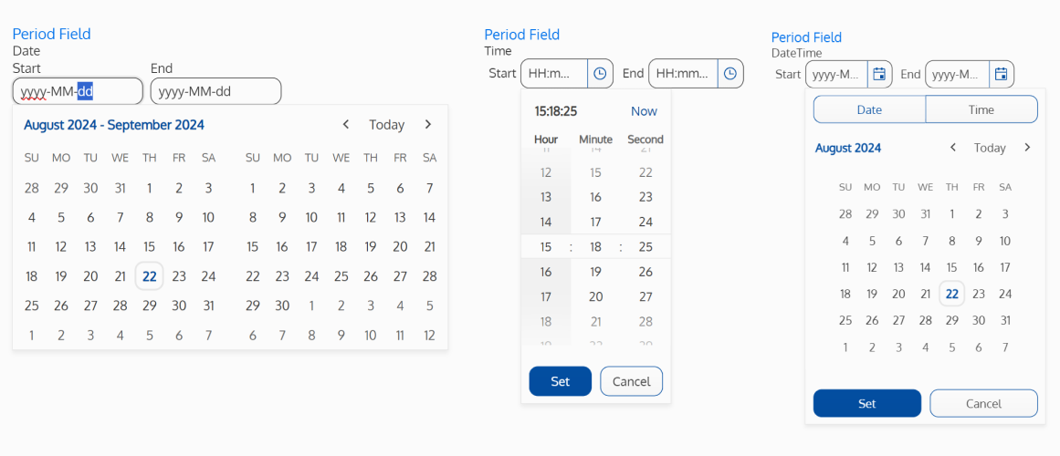 Screenshot of the 3 different types of period fields