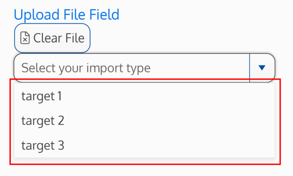 Screenshot of integration targets in a drop down menu on an upload file field