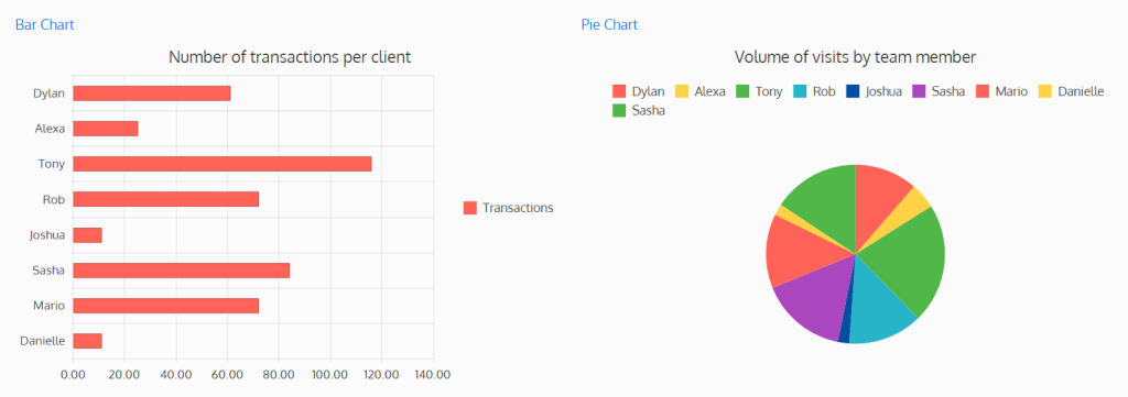 Screenshot of two types of chart fields: bar chart and pie chart