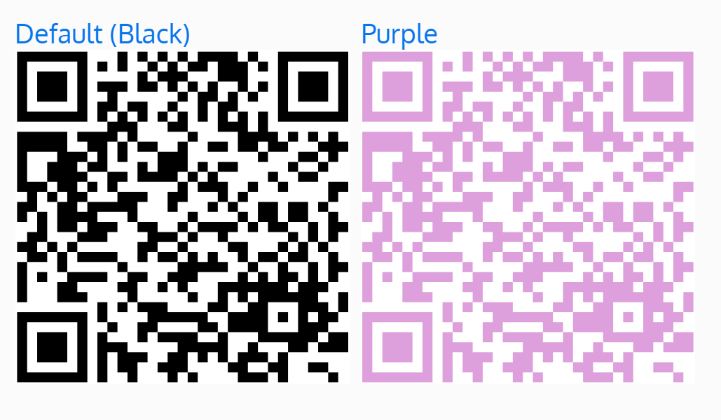 Screenshot of two QR codes - one in the default black color, and the other in a purple color