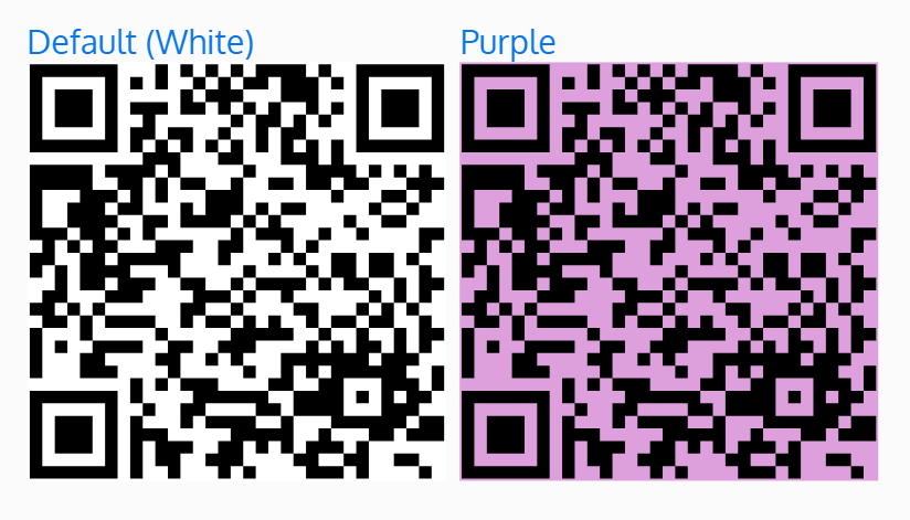 Screenshot of two QR codes - one with the default white background color, and the other with a purple background color