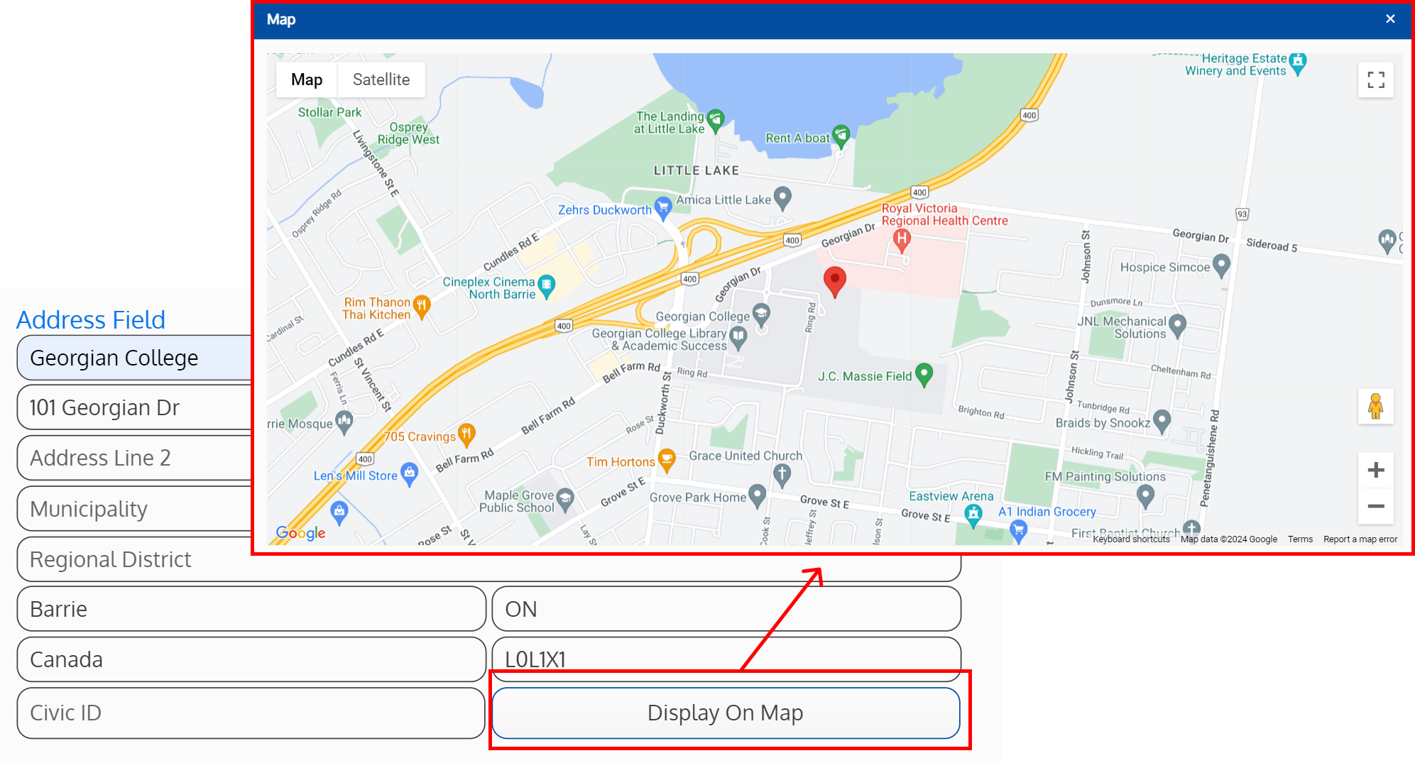 Screenshot of the address field with a popup of the address displayed on a map