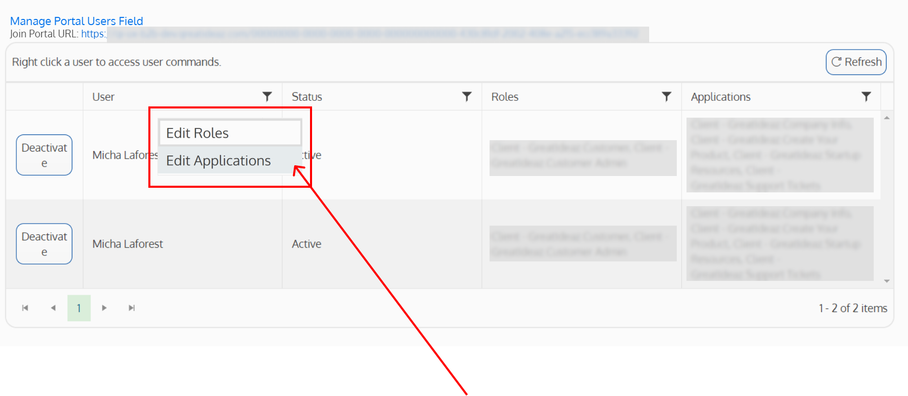 Screenshot of the popup window when right-clicking on a user's name with the edit applications option