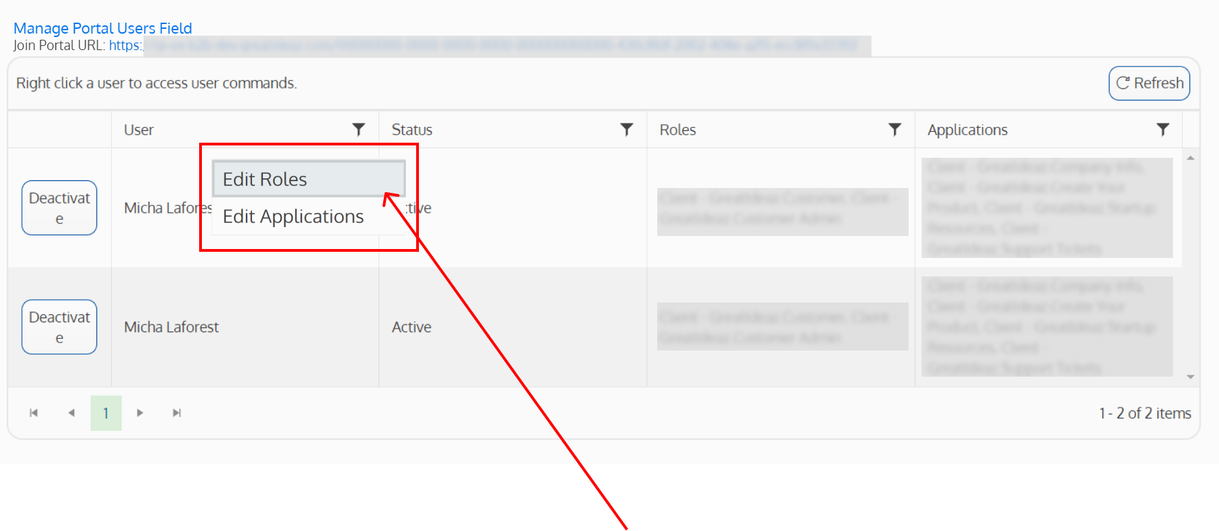 Screenshot of the popup window when right-clicking on a user's name with the edit roles option