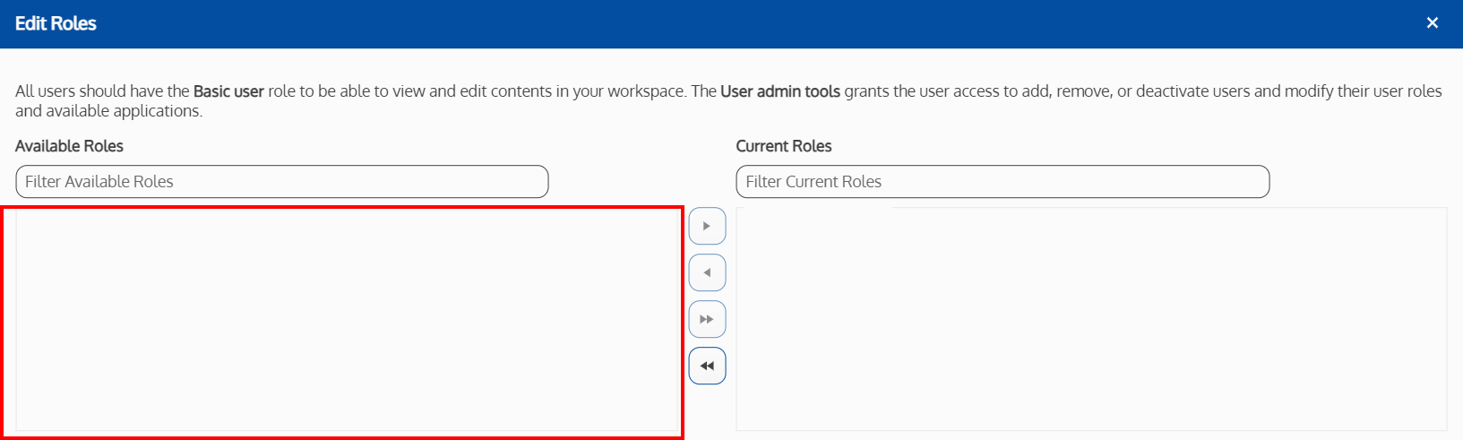 Screenshot of the available roles in the edit roles popup window
