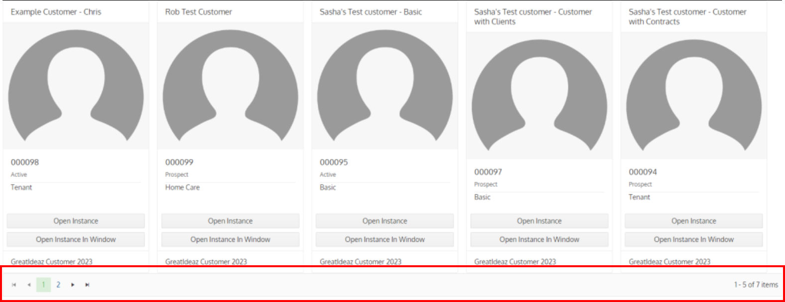 Screenshot of five cards with pagination