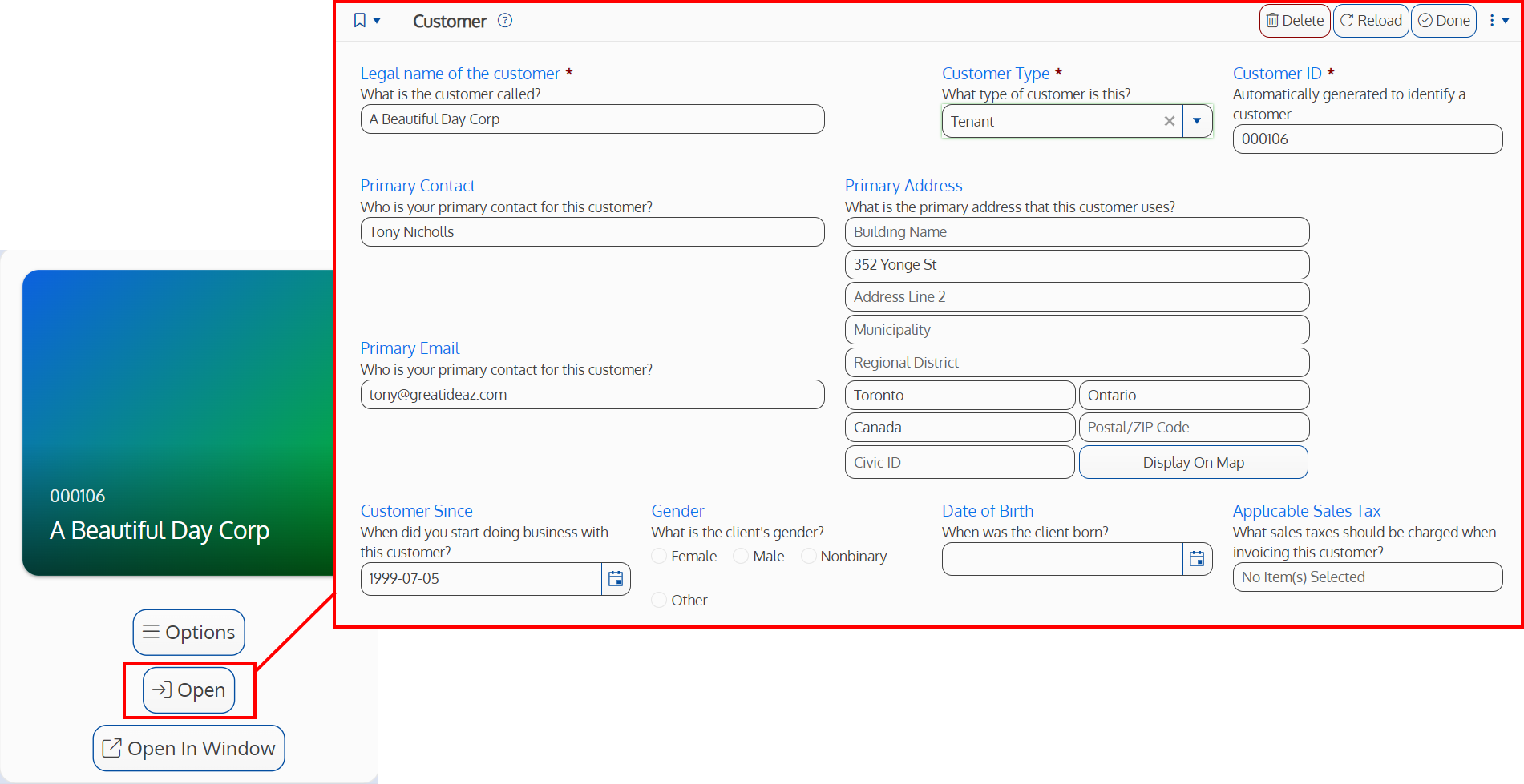 Screenshot of a card field with an open button, showing the instance opened on a new page