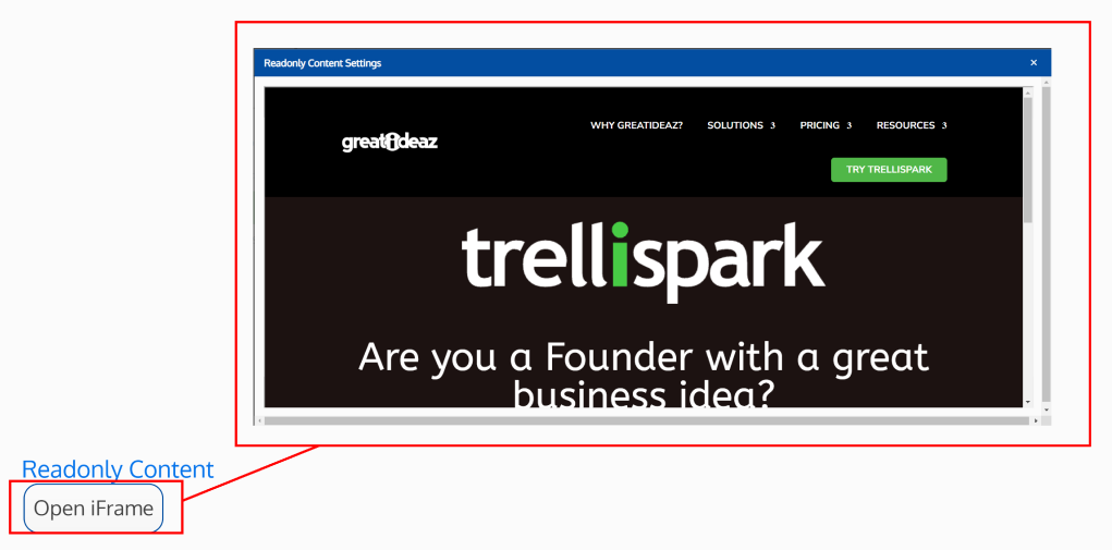 Screenshot of the iframe readonly content field - a button that opens a popup window with the GreatIdeaz website embedded in the popup window