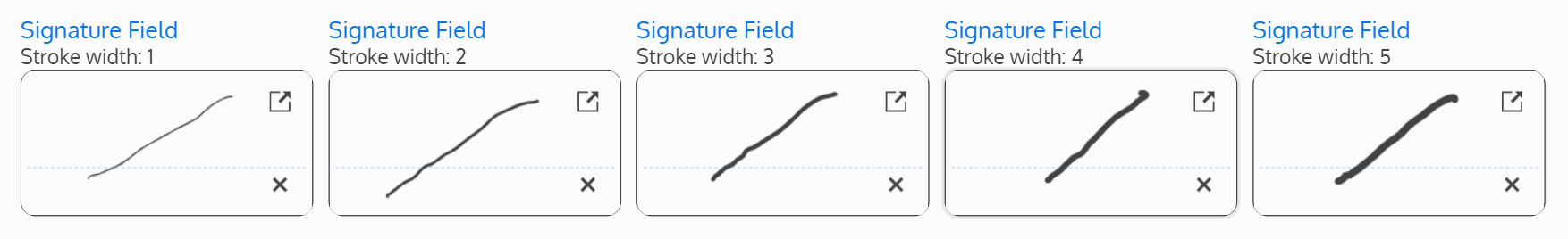 Screenshots of the five different signature stroke widths