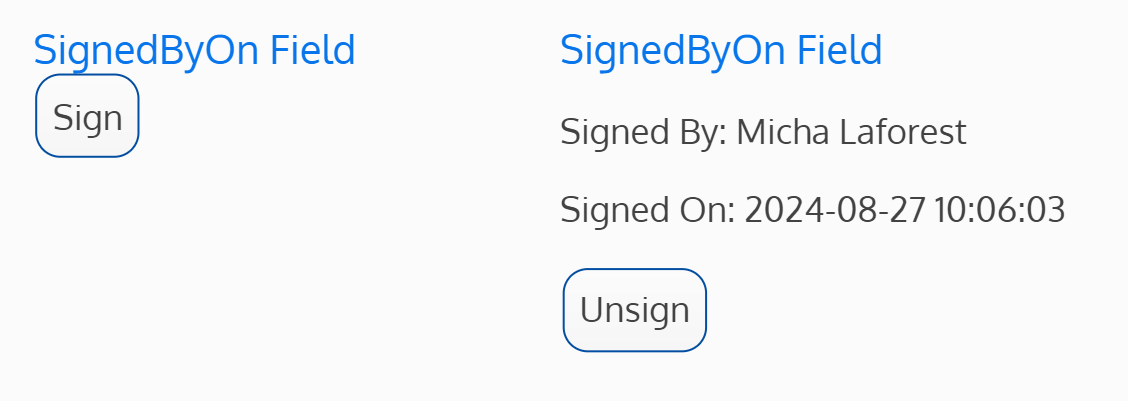 Screenshot of two signedbyon fields - one unsigned, and the other signed