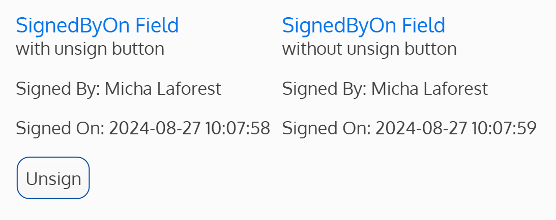 Screenshot of two signedbyon fields - one with an unsign button, and the other without