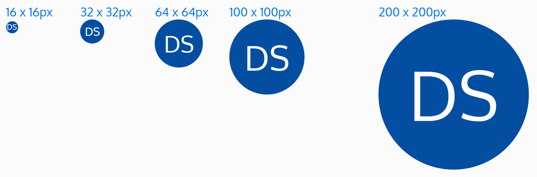 Examples of five different avatar sizes (16x16px, 32x32px, 64x64px, 100x100px, and 200x200px)
