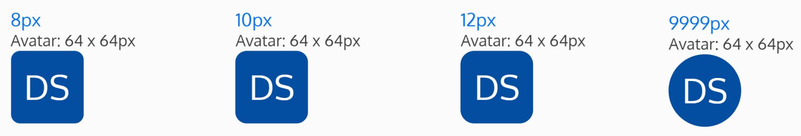 Examples of four different roundness (8px, 10px, 12px, and 9999px) 