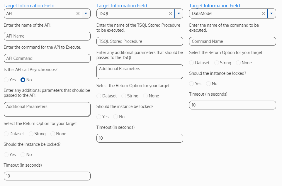 Detailed screenshot of the three types of target information fields: API, TSQL, and DataModel