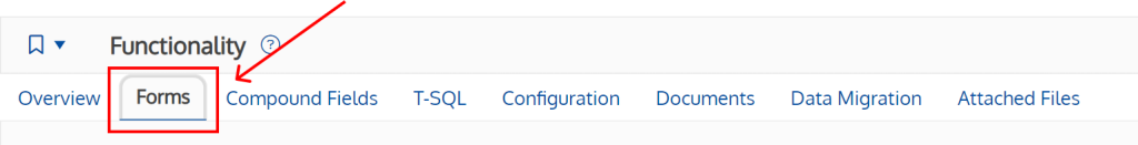 Screenshot of the forms tab on the functionality