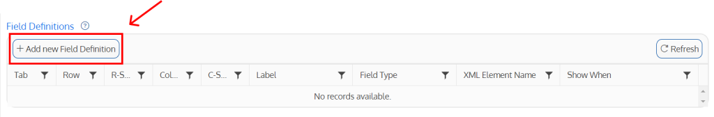 Screenshot of the Add new field definition button on the field definition childlist