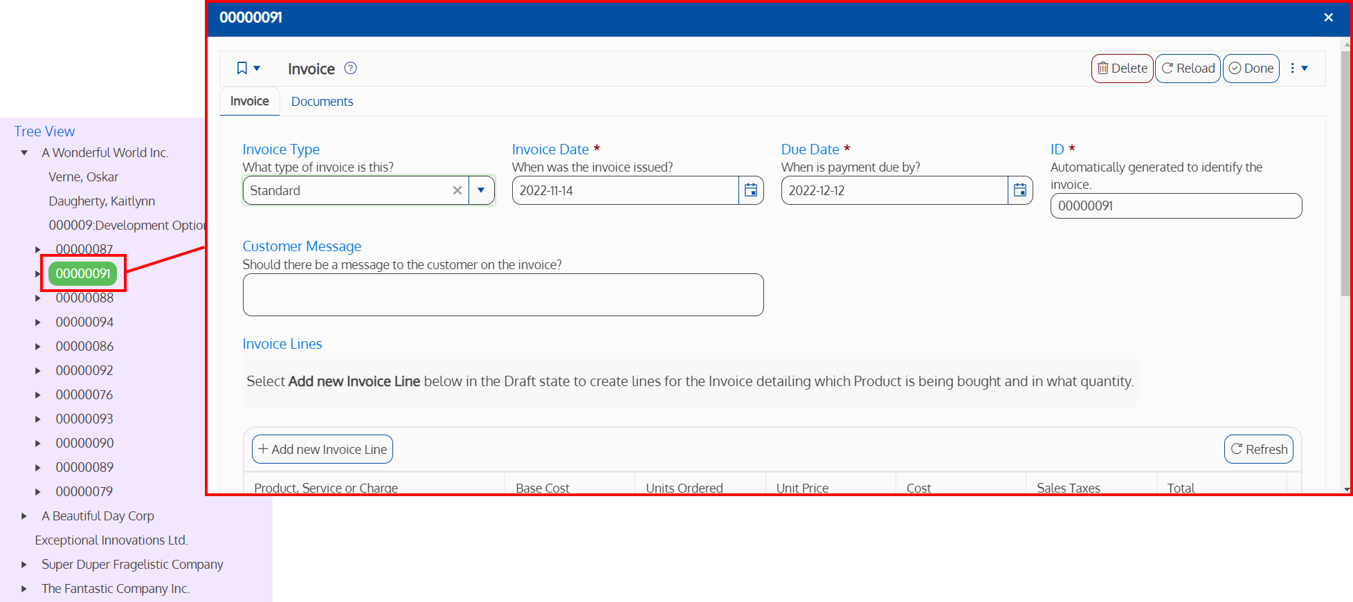 Screenshot of a treeview field that opens an instance in a popup window