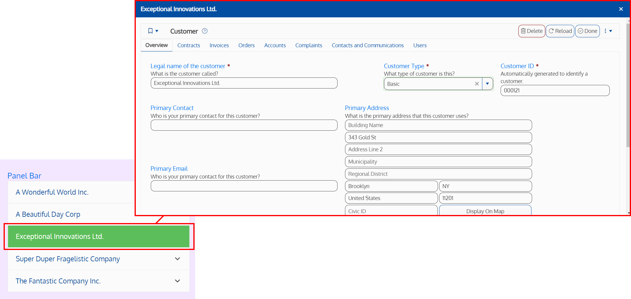 Screenshot of a panelbar field that opens up an instance in a popup window