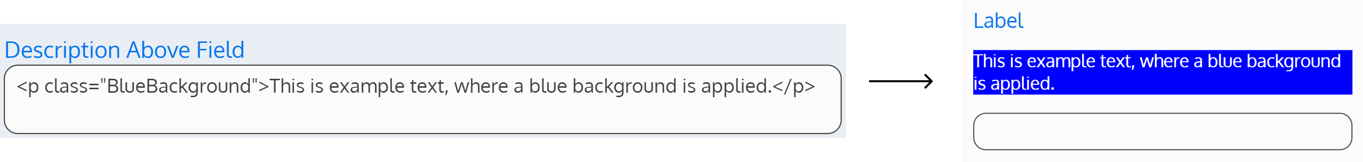 Screenshot of example HTML code is entered in the description above field, with a CSS class applied. It also shows the rendered result on the field.
