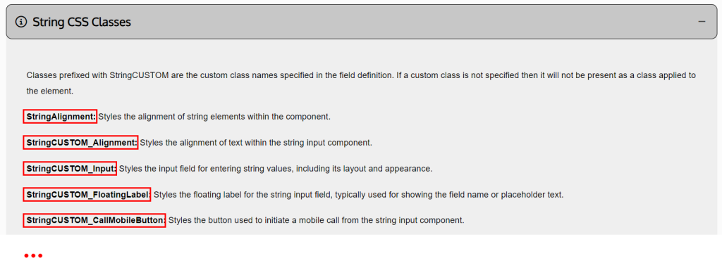 Screenshot of the CSS classes added by default to the string field