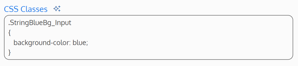 Screenshot of the CSS Classes field with a blue background property applied to the .StringBlueBg_Input class